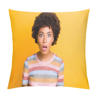 Personality  Closeup Photo Of Beautiful Dark Skin Lady Looking Eyes Full Fear Open Mouth Epic Fail Wear Casual Stylish Striped T-shirt Isolated Yellow Background Pillow Covers