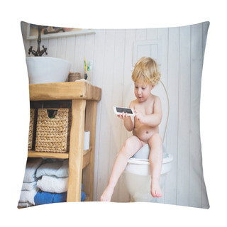 Personality  Cute Toddler Boy With Smartphone In The Bathroom. Pillow Covers
