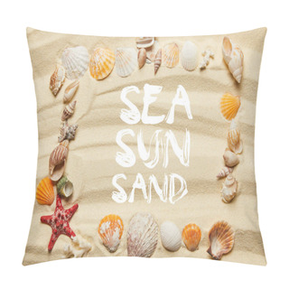Personality  Top View Of Frame With Sea, Sun And Sand Illustration, Seashells, Starfish And Corals On Sandy Beach Pillow Covers