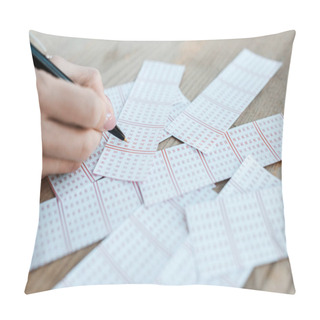 Personality  Cropped View Of Woman Holding Pen Near Lottery Tickets On Table Pillow Covers