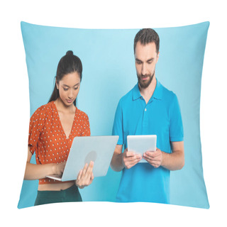 Personality  Young Asian Woman In Red Blouse Using Laptop Near Bearded Man With Digital Tablet On Blue Pillow Covers