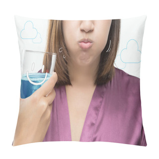 Personality  Asian Woman Rinsing And Gargling While Using Mouthwash. Pillow Covers
