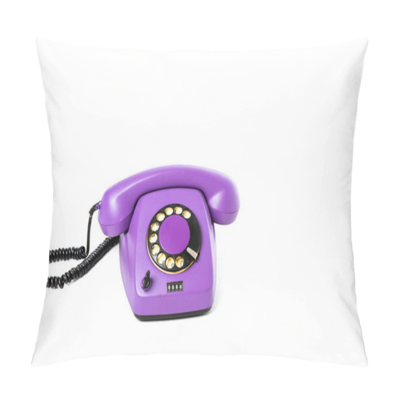Personality  close-up view of purple rotary telephone isolated on white  pillow covers