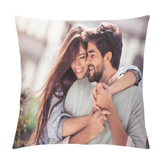 Personality  Happy Young Couple Having Fun Outdoors And Smiling. Pillow Covers