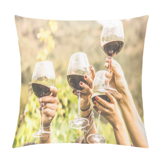 Personality  Hands Toasting Red Wine Glass And Friends Having Fun Cheering At Winetasting Experience - Young People Enjoying Harvest Time Together At Farmhouse Vineyard Countryside - Youth And Friendship Concept Pillow Covers