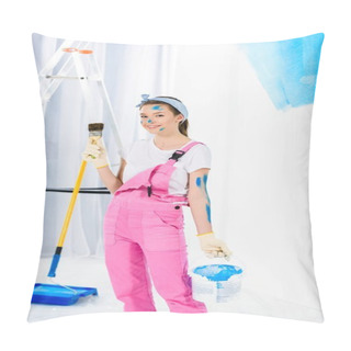 Personality  Smiling Girl Holding Paint Brush And Bucket With Paint Pillow Covers
