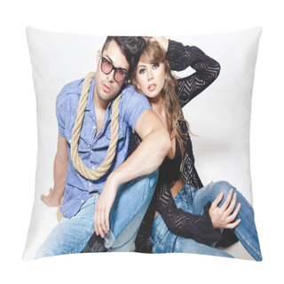 Personality  Sexy Man And Woman Doing A Fashion Photo Shoot In A Professional Studio Pillow Covers