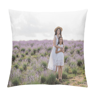 Personality  Brunette Woman In White Dress And Straw Hat Embracing Daughter In Flowering Field Pillow Covers
