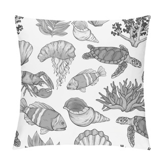 Personality  Monochrome Vector Sea Creatures Seamless Design. Wild Life Pattern With Sea Inhabitants Pillow Covers