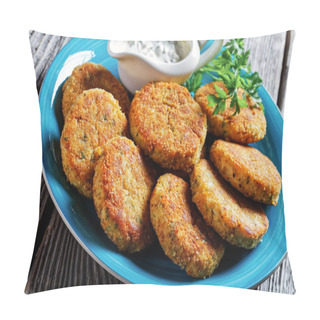 Personality  Easy Fish Cakes Of White Fish Fillet: Cod Or Haddock With Potato And Parsley, Breaded In Breadcrumbs Served On A Plate With Tartar Sauce In A Gravy Boat On A Wooden Background,  Top View, Close-up Pillow Covers
