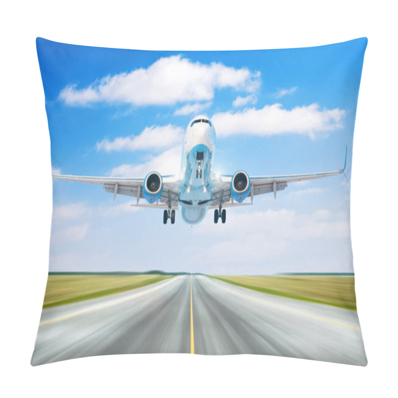 Personality  Airplane aircraft with split-scimitar wing flying departure landing speed motion on a runway in the good weather with cumulus clouds sky day. pillow covers