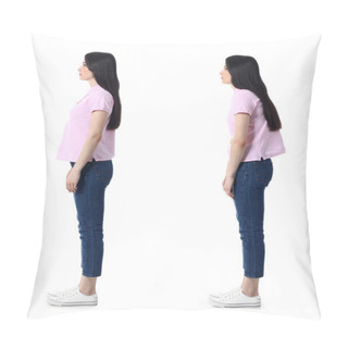 Personality  Young Woman With Bad And Proper Posture On White Background Pillow Covers