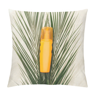 Personality  Orange Sunscreen Lotion On Green Palm Leaves On Sand Pillow Covers