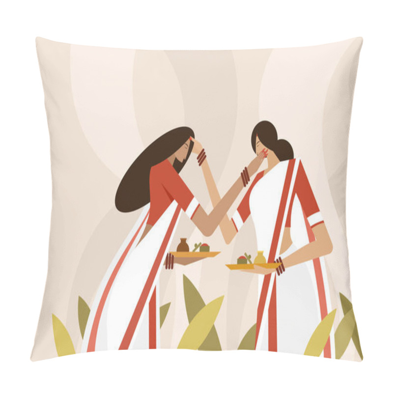 Personality  Illustration of women applying vermilion on each others face as part of the Vijayadashami festival pillow covers