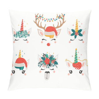 Personality  Christmas Set With Cute Unicorn, Llama, Reindeer Faces, In Flower Wreaths Isolated On White Background, Concept For Holiday Print Pillow Covers