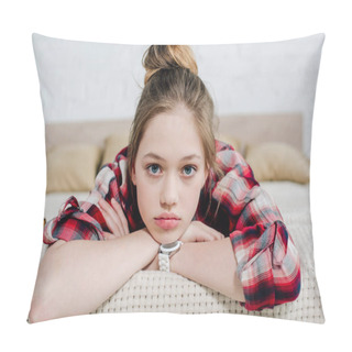 Personality  Front View Of Teenager Kid In Wristwatch Lying On Bed And Looking At Camera Pillow Covers