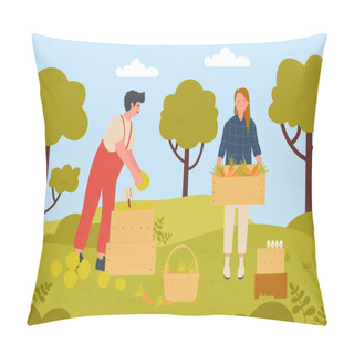 Personality  Farmer People Harvesting Vegetables In Farm Garden, Happy Woman Holding Wooden Basket Pillow Covers