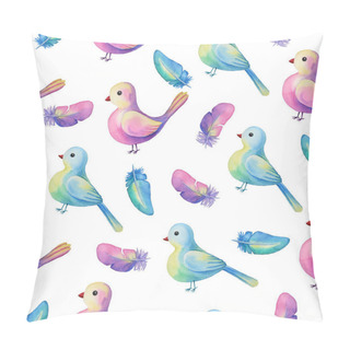 Personality  Pink And Blue Watercolor Birds And Feathers On A White Background. Seamless Patterns Can Be Used For Textiles, Wrapping Paper And Stationery. Pillow Covers