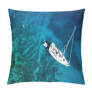 Personality  Amazing View To Yacht, Swimming Woman And Clear Water Caribbean  Pillow Covers