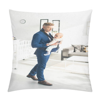 Personality  Cheerful Businessman Holding Infant Daughter In Room With Sunlight Pillow Covers