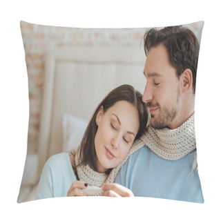 Personality  Positive Couple Sitting At Home Pillow Covers