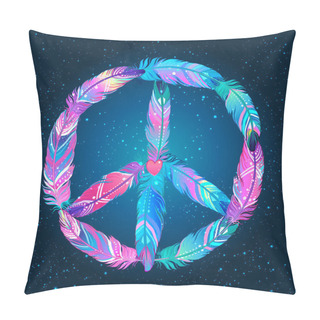 Personality  Peace Sign Made Of Colored Bird Feathers. Hippie Symbol. Sixties Boho Style. Tribal Native American Indians Motifs. Vector Illustration. Pillow Covers