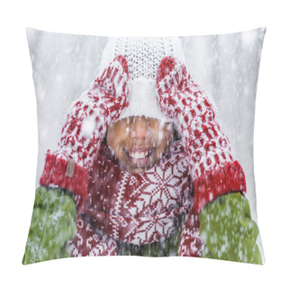 Personality  Close Up View Of Smiling African American Child With Knitted Hat Pulled Over Eyes During Snowfall Pillow Covers