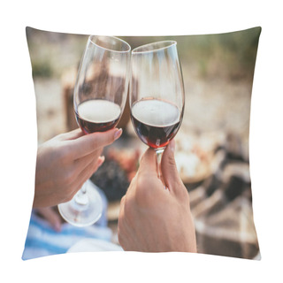Personality  Selective Focus Of Couple Clinking Glasses With Red Wine  Pillow Covers