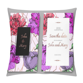 Personality  Vector Wedding Elegant Invitation Cards With Purple, Yellow And Living Coral Peonies On Pink Background With Save The Date Inscription. Pillow Covers