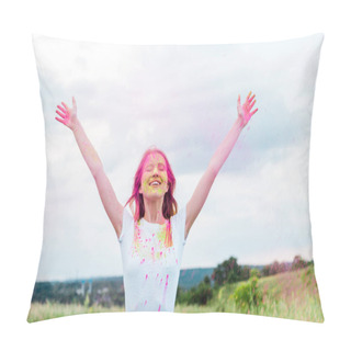 Personality  Happy Woman With Closed Eyes And Pink Holi Paint On Outstretched Hands Smiling Outdoors  Pillow Covers