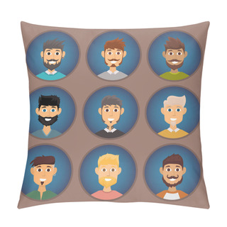 Personality  Character Of Various Expressions Bearded Man Face Avatar And Fashion Hipster Hairstyle Head Person With Mustache Vector Illustration. Pillow Covers