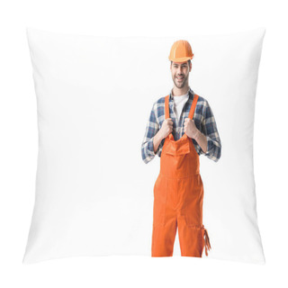 Personality  Smiling Repairman In Orange Overall And Hard Hat Isolated On White Pillow Covers