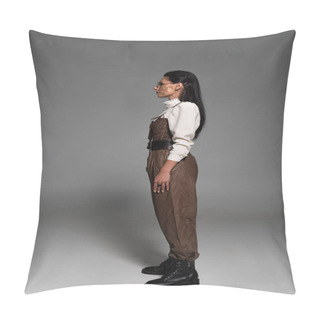 Personality  Full Length View Of Attractive Steampunk Woman In Glasses On Grey Pillow Covers