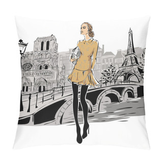 Personality  Fashion Models In Sketch Style Fall Winter With Paris City Background Pillow Covers