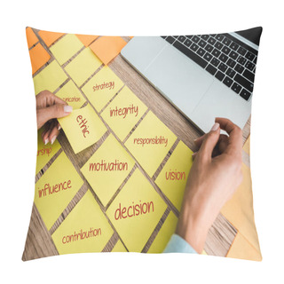 Personality  Cropped View Of Woman Touching Sticky Note With Ethic Lettering Near Laptop On Desk  Pillow Covers