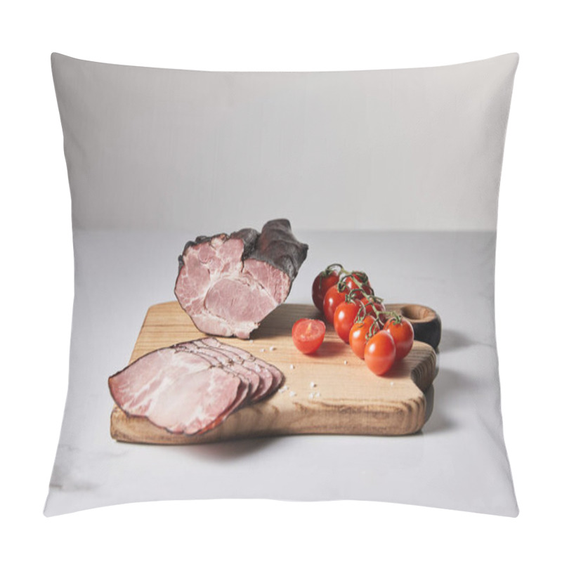 Personality  Tasty Ham On Cutting Board With Salt And Cherry Tomatoes On White Marble Surface Isolated On Grey Pillow Covers