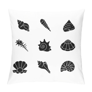Personality  Sea Shells Black Glyph Icons Set On White Space. Various Molluscan Shells, Conchology Silhouette Symbols. Aquatic Souvenirs, Seashells Collection. Various Cockleshell Vector Isolated Illustrations Pillow Covers
