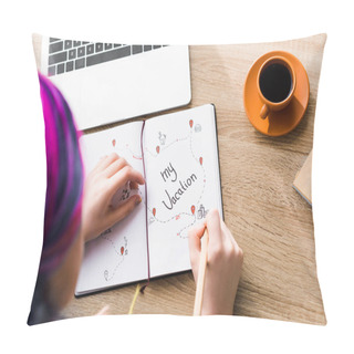 Personality  Selective Focus Of Girl With Colorful Hair Writing Notes In Notebook Pillow Covers