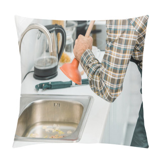 Personality  Cropped Image Of Plumber Using Plunger And Cleaning Sink In Kitchen Pillow Covers