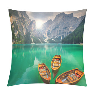 Personality  Stunning Mountain Lake With Wooden Boats In The Dolomites,Italy Pillow Covers