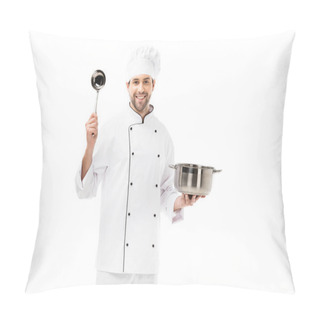 Personality  Happy Young Chef With Cooking Pot And Ladle Isolated On White Pillow Covers
