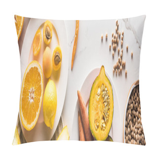 Personality  Panoramic Shot Of Plates With Vegetables And Fruits Near Chickpea On Marble Surface Pillow Covers