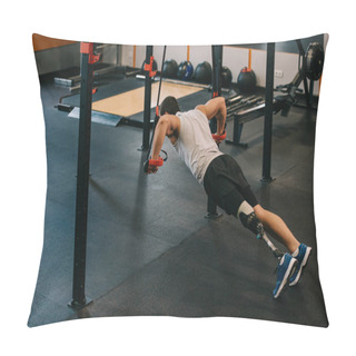 Personality  Handsome Young Sportsman With Artificial Leg Doing Push Ups With Hanging Rings Of Gymnastics Ladder At Gym Pillow Covers