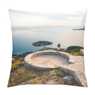 Personality  High Angle View Of Woman Standing On Viewpoint Near Saint Stephen Island In Adriatic Sea, Budva, Montenegro Pillow Covers