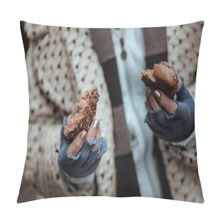 Personality  Close Up Of Two Bread Pieces In Female Hands Pillow Covers
