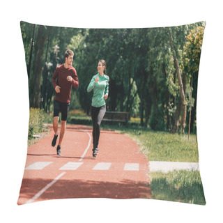 Personality  Couple Smiling At Each Other While Jogging On Running Track In Park  Pillow Covers