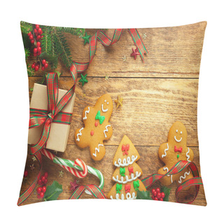 Personality  Christmas Background With Gift Box, Gingerbread Cookies, Branche Pillow Covers