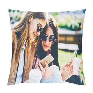 Personality  Stylish Female Bloggers In Sunglasses Publishing New Posts On Own Websites And Reading Comments Under It On Modern Smartphone Devices Sitting Outdoors On Green Grass With Tasty Coffee In Hands Pillow Covers