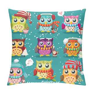 Personality  Vintage Christmas Poster Design With Owls, Santa Claus, Snowman Pillow Covers