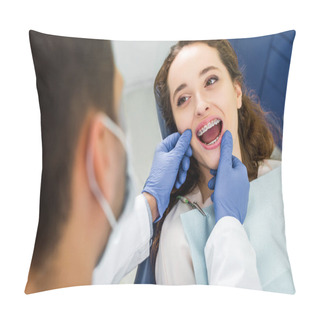 Personality  Selective Focus Of Woman In Braces Opening Mouth During Examination Of Teeth Near Dentist Pillow Covers